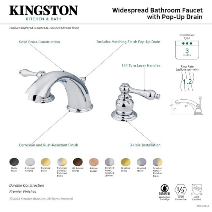 KB974AL Victorian Widespread Lavatory Faucet with Metal lever handle, Polished Chrome and Polished Brass,8-Inch Adjustable Center
