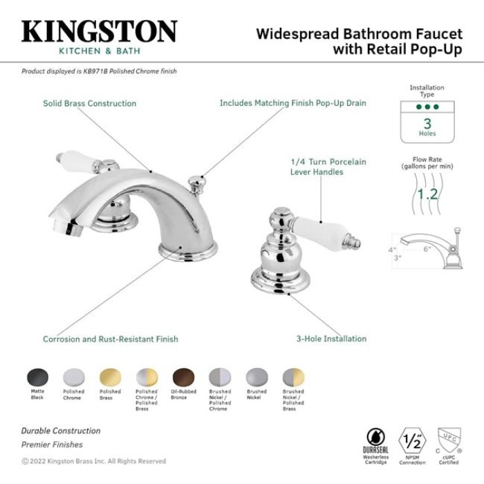 KB974B Victorian Widespread Bathroom Faucet, 8-Inch Adjustable Center, Polished Chrome/Polished Brass