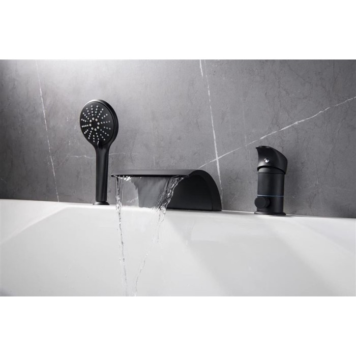 Waterfall Roman Tub Faucet Matte Black 3 Holes Single Handle with Tub Filler with Hand Shower High Flow