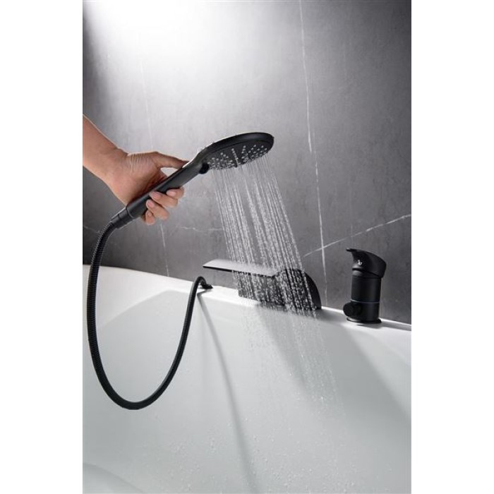 Waterfall Roman Tub Faucet Matte Black 3 Holes Single Handle with Tub Filler with Hand Shower High Flow