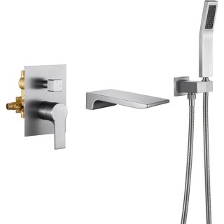 Waterfall Wall Mounted Bathtub Faucet with Hand Shower, Bathroom Single Handle Tub Faucet Modern Brass Tub Shower Faucet Set(Including Rough-In Valve Body and Trim), Brushed Nickel, L901-2