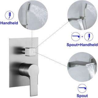 Waterfall Wall Mounted Bathtub Faucet with Hand Shower, Bathroom Single Handle Tub Faucet Modern Brass Tub Shower Faucet Set(Including Rough-In Valve Body and Trim), Brushed Nickel, L901-2