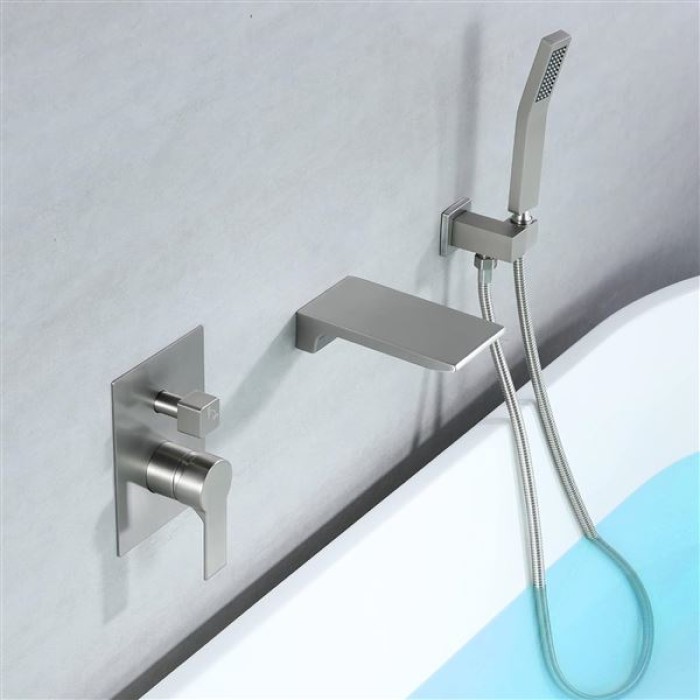 Waterfall Wall Mounted Bathtub Faucet with Hand Shower, Bathroom Single Handle Tub Faucet Modern Brass Tub Shower Faucet Set(Including Rough-In Valve Body and Trim), Brushed Nickel, L901-2