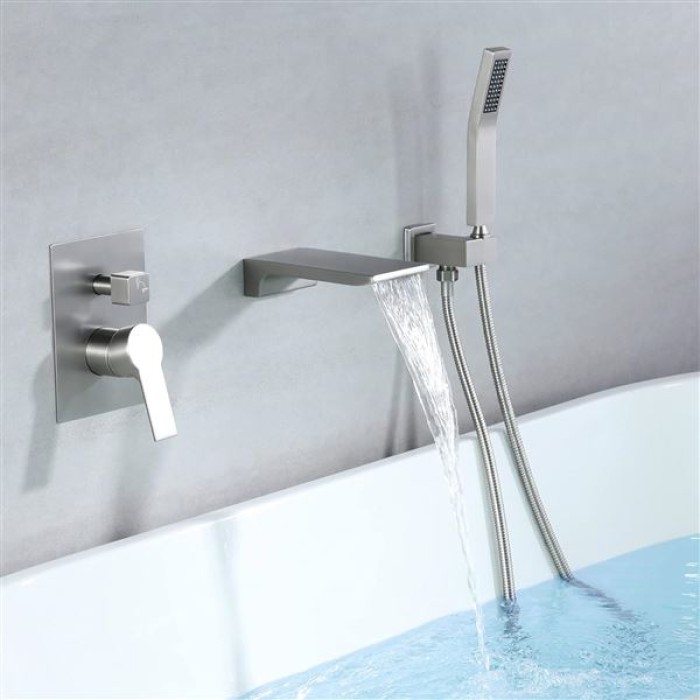 Waterfall Wall Mounted Bathtub Faucet with Hand Shower, Bathroom Single Handle Tub Faucet Modern Brass Tub Shower Faucet Set(Including Rough-In Valve Body and Trim), Brushed Nickel, L901-2