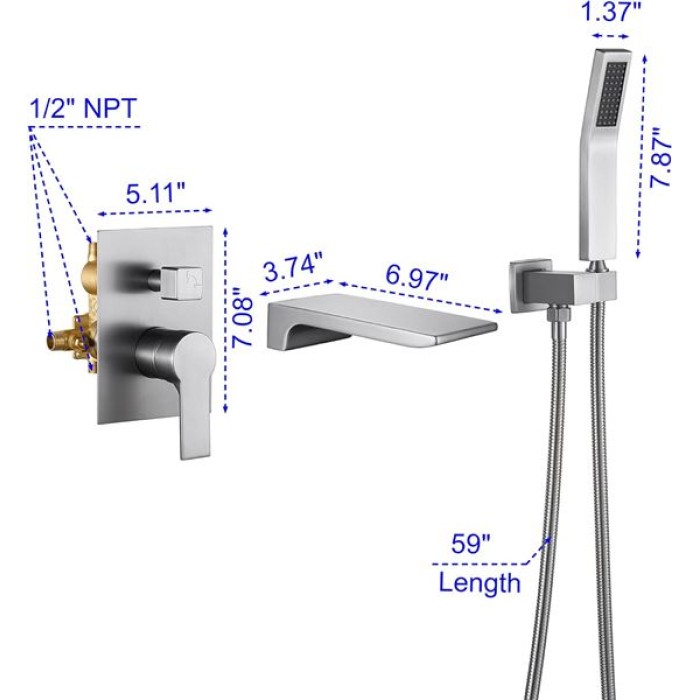 Waterfall Wall Mounted Bathtub Faucet with Hand Shower, Bathroom Single Handle Tub Faucet Modern Brass Tub Shower Faucet Set(Including Rough-In Valve Body and Trim), Brushed Nickel, L901-2