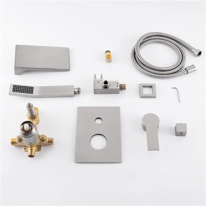 Waterfall Wall Mounted Bathtub Faucet with Hand Shower, Bathroom Single Handle Tub Faucet Modern Brass Tub Shower Faucet Set(Including Rough-In Valve Body and Trim), Brushed Nickel, L901-2