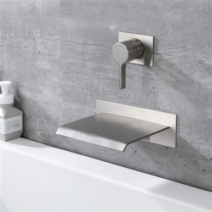 Waterfall Wall Mount Tub Filler Brushed Nickel with Valve Single Handle Brass High Flow