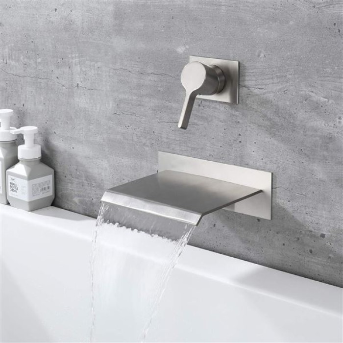 Waterfall Wall Mount Tub Filler Brushed Nickel with Valve Single Handle Brass High Flow