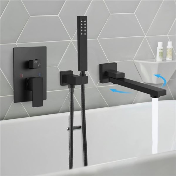Wall Mounted Bathtub Faucet with Hand Held Sprayer,Tub Shower Faucet Set,Single Handle Bathroom Shower System Mixer for Tub,Rough-In Valve Included Swivel Tub Spout Matte Black
