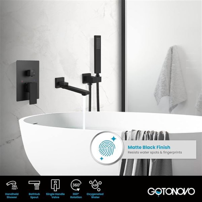 Wall Mounted Bathtub Faucet with Hand Held Sprayer,Tub Shower Faucet Set,Single Handle Bathroom Shower System Mixer for Tub,Rough-In Valve Included Swivel Tub Spout Matte Black