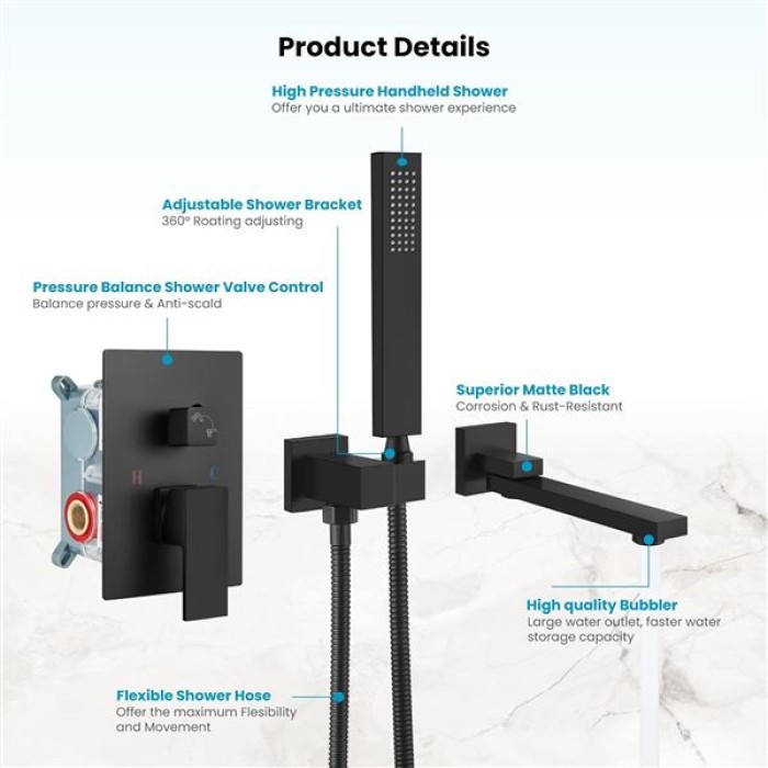 Wall Mounted Bathtub Faucet with Hand Held Sprayer,Tub Shower Faucet Set,Single Handle Bathroom Shower System Mixer for Tub,Rough-In Valve Included Swivel Tub Spout Matte Black