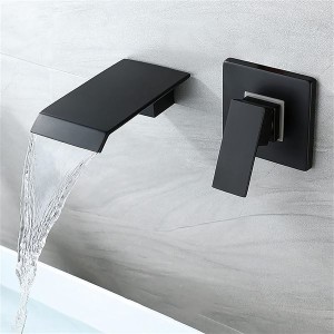 Waterfall Bathroom Faucet Black Basin Mixer Tap Brass Bathroom Sink Faucet Single Handle 2 Hole Basin Tap Wall Mounted Lavatory Faucet with Cold and Hot Water