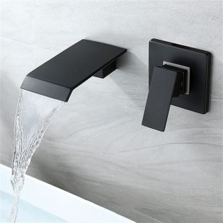 Waterfall Bathroom Faucet Black Basin Mixer Tap Brass Bathroom Sink Faucet Single Handle 2 Hole Basin Tap Wall Mounted Lavatory Faucet with Cold and Hot Water