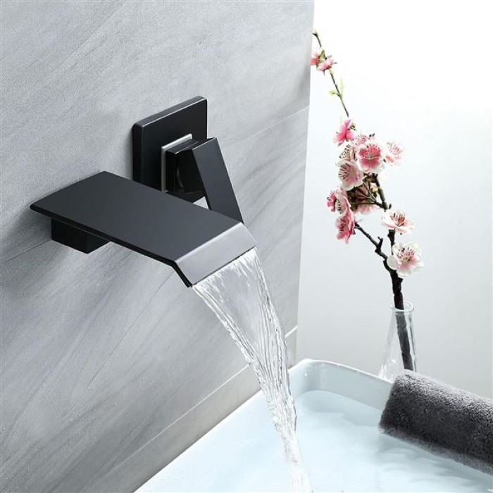 Waterfall Bathroom Faucet Black Basin Mixer Tap Brass Bathroom Sink Faucet Single Handle 2 Hole Basin Tap Wall Mounted Lavatory Faucet with Cold and Hot Water