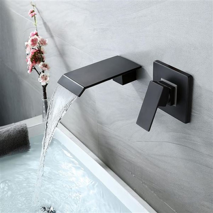 Waterfall Bathroom Faucet Black Basin Mixer Tap Brass Bathroom Sink Faucet Single Handle 2 Hole Basin Tap Wall Mounted Lavatory Faucet with Cold and Hot Water