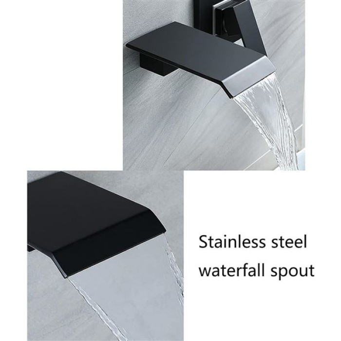 Waterfall Bathroom Faucet Black Basin Mixer Tap Brass Bathroom Sink Faucet Single Handle 2 Hole Basin Tap Wall Mounted Lavatory Faucet with Cold and Hot Water