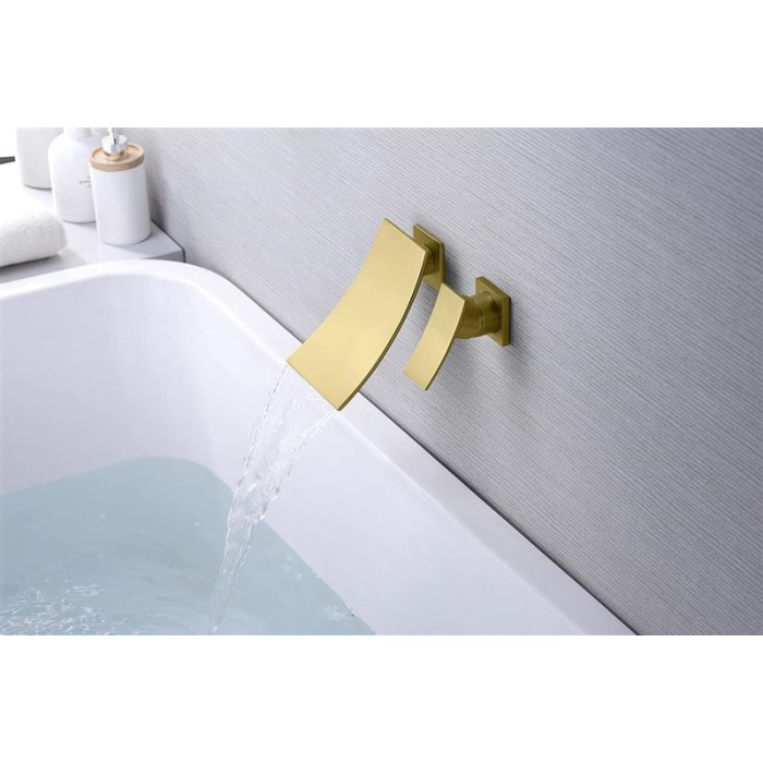 SUMERAIN Bathroom Waterfall Wall Mount Tub Faucet Set Brushed Gold Finish Bathtub Filler Single Handle