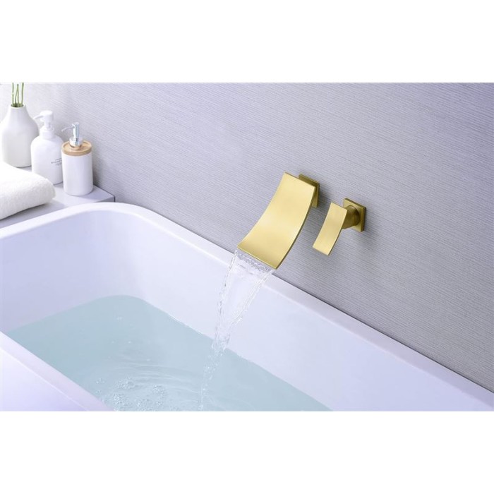SUMERAIN Bathroom Waterfall Wall Mount Tub Faucet Set Brushed Gold Finish Bathtub Filler Single Handle