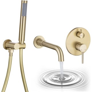 Wall Mounted Bathtub Faucet with Handheld Shower, High Flow Rate Tub Filler Faucet Set with 360° Swivel Spout Fixtures, Brushed Gold Waterfall Tub Faucets