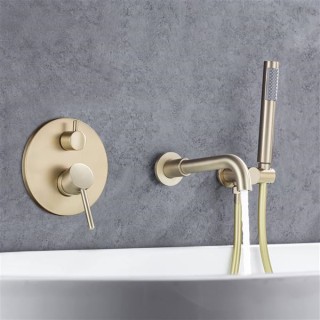 Wall Mounted Bathtub Faucet with Handheld Shower, High Flow Rate Tub Filler Faucet Set with 360° Swivel Spout Fixtures, Brushed Gold Waterfall Tub Faucets