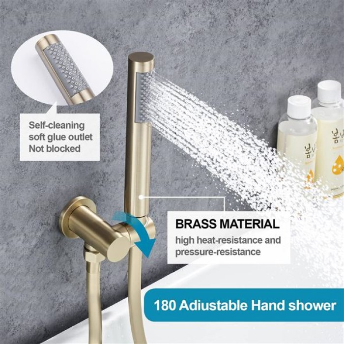 Wall Mounted Bathtub Faucet with Handheld Shower, High Flow Rate Tub Filler Faucet Set with 360° Swivel Spout Fixtures, Brushed Gold Waterfall Tub Faucets