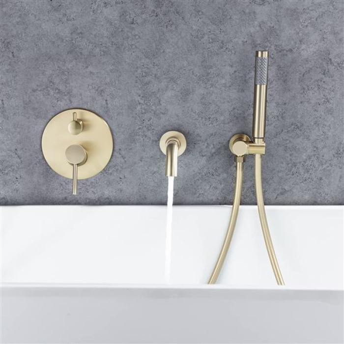 Wall Mounted Bathtub Faucet with Handheld Shower, High Flow Rate Tub Filler Faucet Set with 360° Swivel Spout Fixtures, Brushed Gold Waterfall Tub Faucets