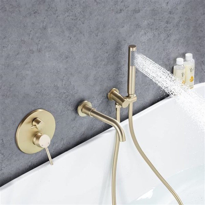 Wall Mounted Bathtub Faucet with Handheld Shower, High Flow Rate Tub Filler Faucet Set with 360° Swivel Spout Fixtures, Brushed Gold Waterfall Tub Faucets