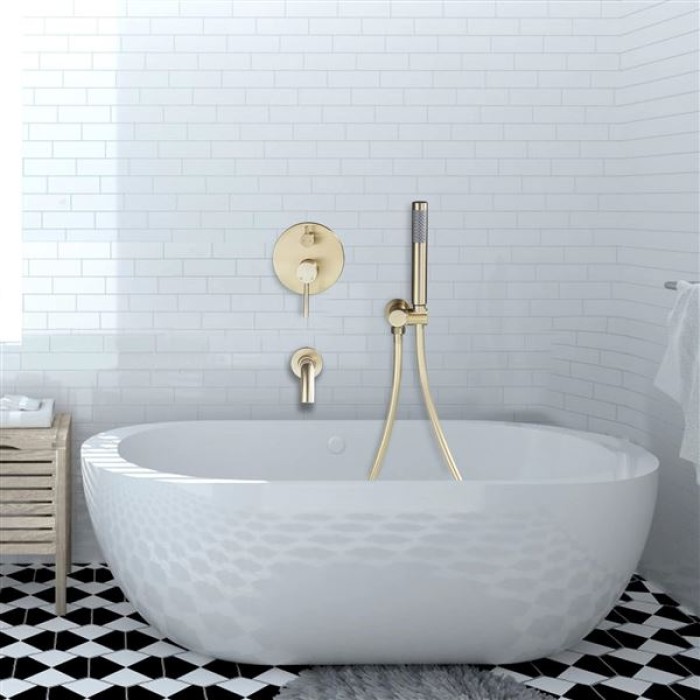 Wall Mounted Bathtub Faucet with Handheld Shower, High Flow Rate Tub Filler Faucet Set with 360° Swivel Spout Fixtures, Brushed Gold Waterfall Tub Faucets