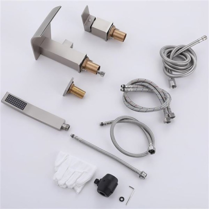 Waterfall Roman Tub Faucet with Hand Shower, Deck Mount Tub Filler Bathtub Faucet with Sprayer, Brass Widespread 3 Hole Bathtub Shower Faucet Set Brushed Nickel