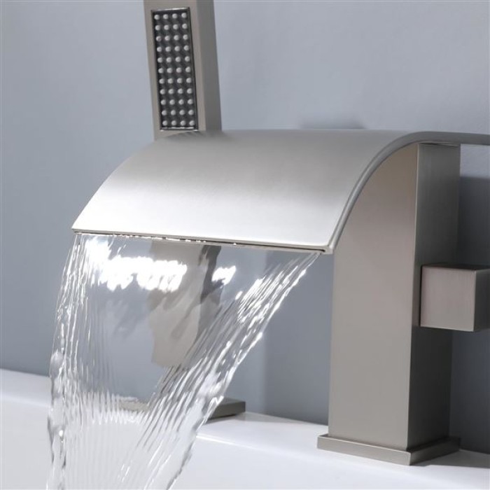 Waterfall Roman Tub Faucet with Hand Shower, Deck Mount Tub Filler Bathtub Faucet with Sprayer, Brass Widespread 3 Hole Bathtub Shower Faucet Set Brushed Nickel