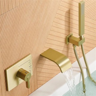 Wall Mount Tub Faucet with Waterfall Tub Spout Wall Mounted Bathtub Faucet with Handheld Shower Single Handle Tub Filler Shower Faucet Set with Rough-in valve Straight Spout Brushed Gold