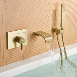 Wall Mount Tub Faucet with Waterfall Tub Spout Wall Mounted Bathtub Faucet with Handheld Shower Single Handle Tub Filler Shower Faucet Set with Rough-in valve Straight Spout Brushed Gold