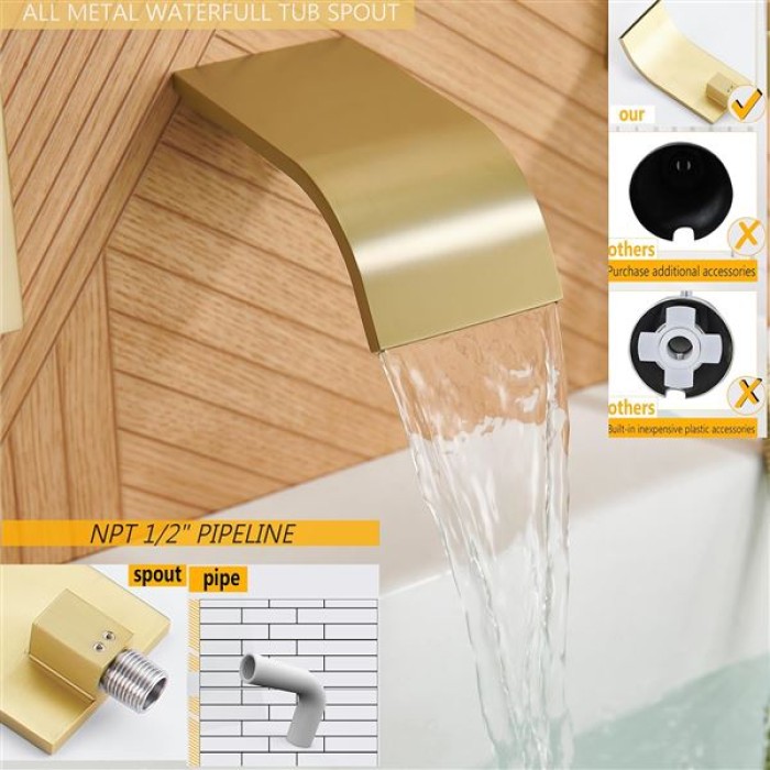 Wall Mount Tub Faucet with Waterfall Tub Spout Wall Mounted Bathtub Faucet with Handheld Shower Single Handle Tub Filler Shower Faucet Set with Rough-in valve Straight Spout Brushed Gold