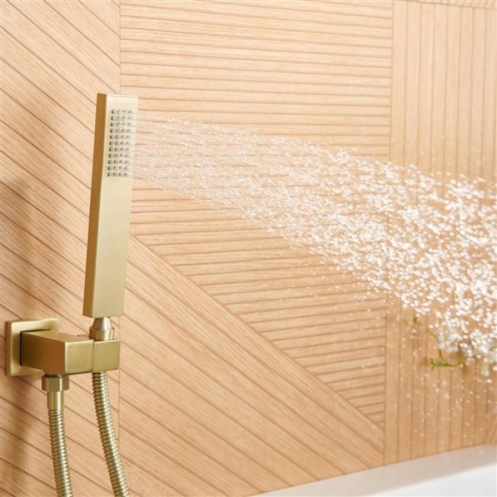 Wall Mount Tub Faucet with Waterfall Tub Spout Wall Mounted Bathtub Faucet with Handheld Shower Single Handle Tub Filler Shower Faucet Set with Rough-in valve Straight Spout Brushed Gold