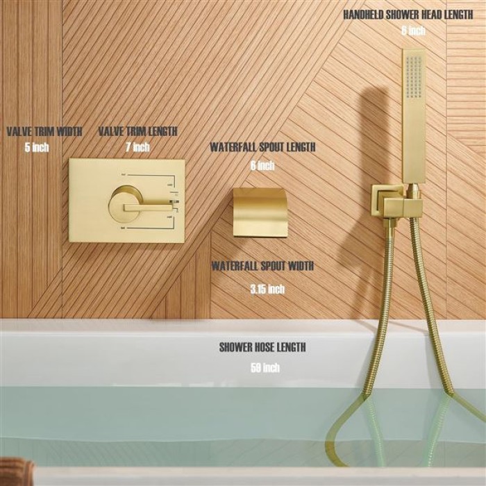 Wall Mount Tub Faucet with Waterfall Tub Spout Wall Mounted Bathtub Faucet with Handheld Shower Single Handle Tub Filler Shower Faucet Set with Rough-in valve Straight Spout Brushed Gold