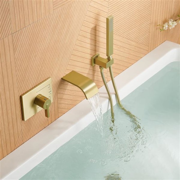 Wall Mount Tub Faucet with Waterfall Tub Spout Wall Mounted Bathtub Faucet with Handheld Shower Single Handle Tub Filler Shower Faucet Set with Rough-in valve Straight Spout Brushed Gold