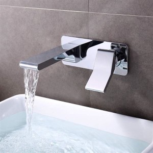 Chrome Bathroom Sink Faucet with Hot and Cold Water Brass Wall Mounted Bathroom Sink Tap Single Handle Two Holes Basin Faucet for Villa, Hotel