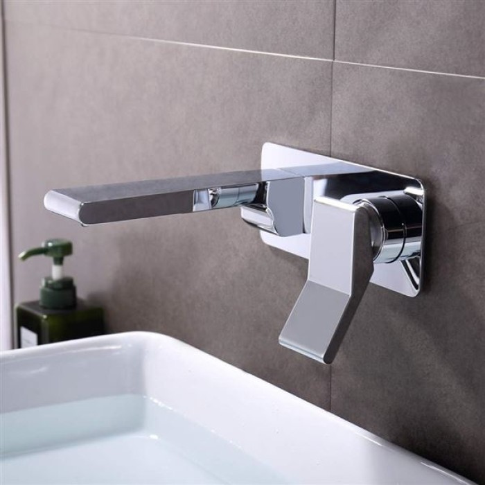 Chrome Bathroom Sink Faucet with Hot and Cold Water Brass Wall Mounted Bathroom Sink Tap Single Handle Two Holes Basin Faucet for Villa, Hotel