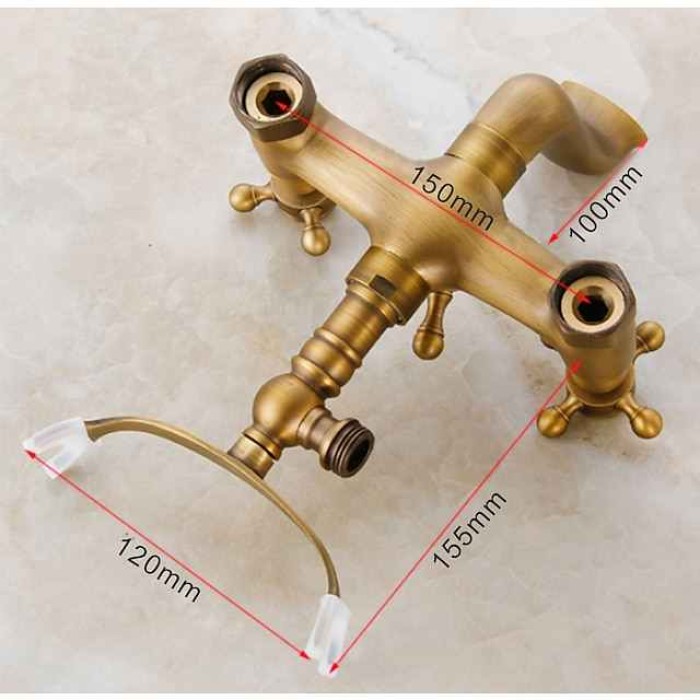 Antique Brass Wall Mounted  Shower Faucet, Two Handles Two Holes Bathtub Shower Mixer Taps Contain with Handshower and Valve and Hot/Cold Water