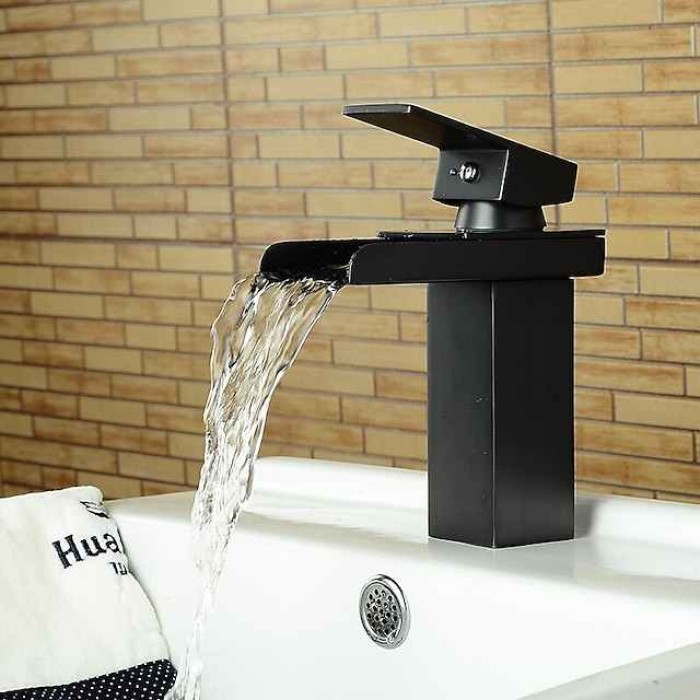 Bathroom Sink Mixer Faucet Waterfall, Modern Style Single Handle One Hole Chrome Centerset Washroom Basin Taps Brass Adjustable Cold Hot Water Hose