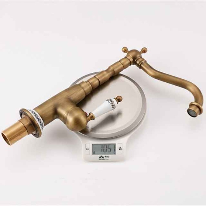 Kitchen Faucet,Brass Antique Brass Ceramics Rotatable Single Handle One Hole Kitchen Tap with Cold and Hot Water and Ceramic Valve