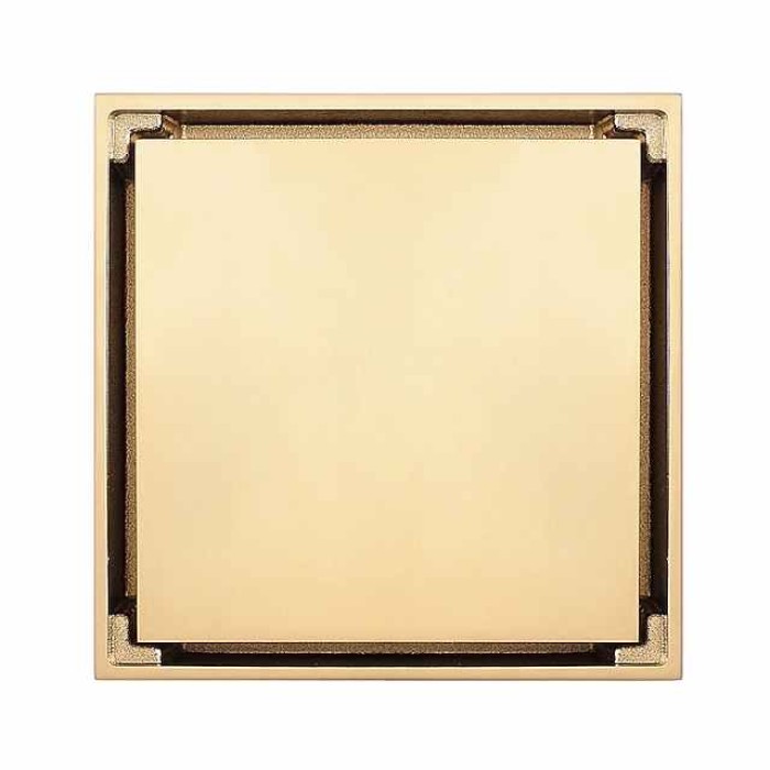 4 inch Shower Floor Drain Square, Removable Brass Flange Reversible 2-in-1 Cover Tile Insert Grate, Hair Catcher Strainer Black Chrome Golden