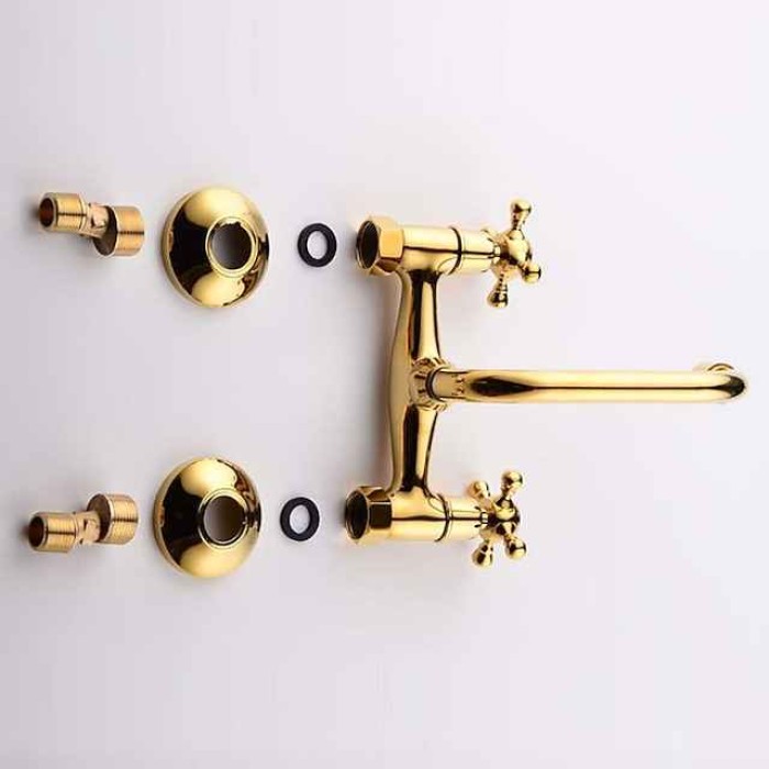 Bathroom Sink Mixer Faucet Wall Mounted Golden, Twin Handle Two Holes Basin Taps, Brass Vessel Tap