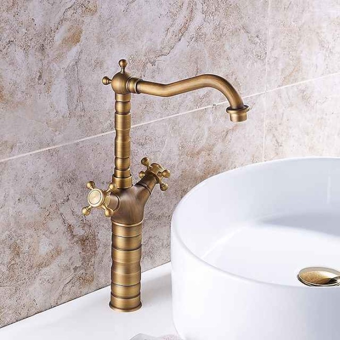 Antique Copper Faucet with Drain,Pre Rinse Rotatable Widespread Centerset Two Handles One Hole Bath Taps with Hot and Cold Switch