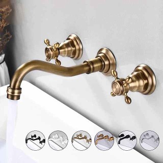 Wall Mounted Bathroom Sink Mixer Faucet, Widespread Basin Taps Vintage Brass 2 Handles 3 Holes Washroom Wash Baxin Tap with Cold Hot Water Hose Retro Antique