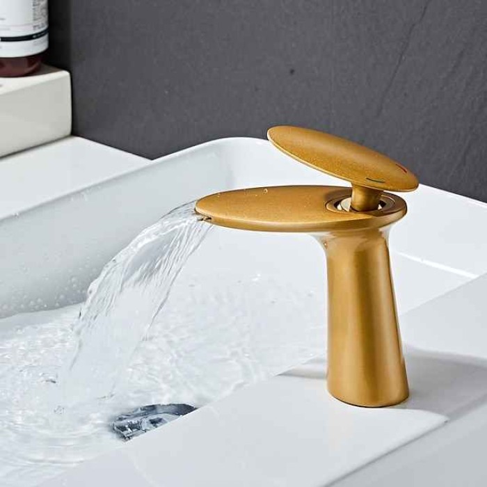 Waterfall Bathroom Sink Mixer Faucet, Monobloc Washroom Basin Taps Single Handle One Hole Deck Mounted with Hot and Cold Water Hose