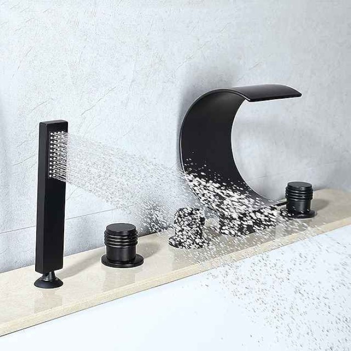 Bathtub Faucet,Modern Style Brass Contemporary Oil-rubbed Bronze Roman Tub Ceramic Valve Waterfall Bath Shower Mixer Taps with Hot and Cold Switch