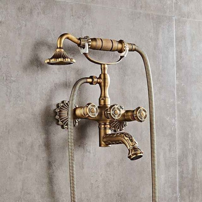 Vintage Shower System Faucet Set Wall Mounted, 360 Swivel Antique Brass Bathroom Shower Head Facuet Kit with Handheld Shower Head Sprayer Ceramic Valve Bath Mixer Tap