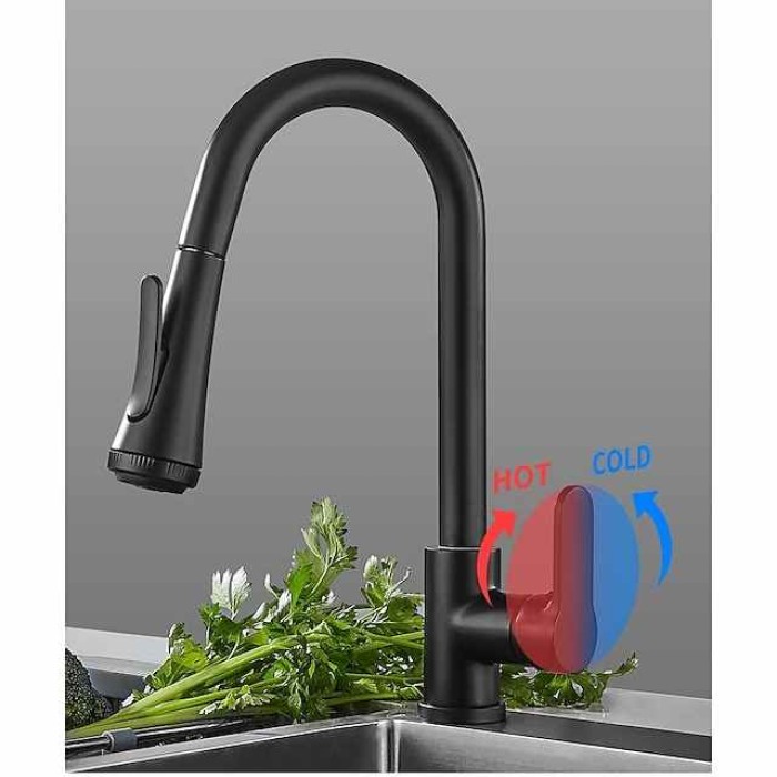 Kitchen Faucet with Sprayer,Matte Black Brass 4-Function Single Handle One Hole Button Design Pull-out / Pull-down Centerset Contemporary Kitchen Taps(with Soap Dispenser)