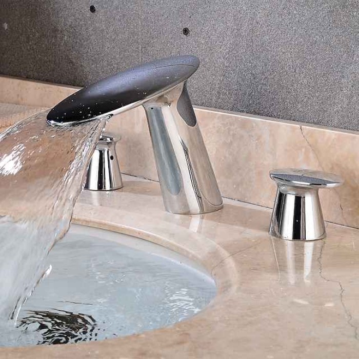 Widespread Bathroom Sink Faucet,Two Handle Three Holes Waterfall  Electroplated Bath Taps